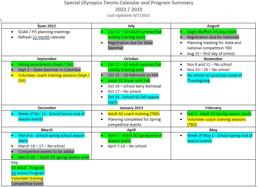 Special Olympics Calendar Public Tennis